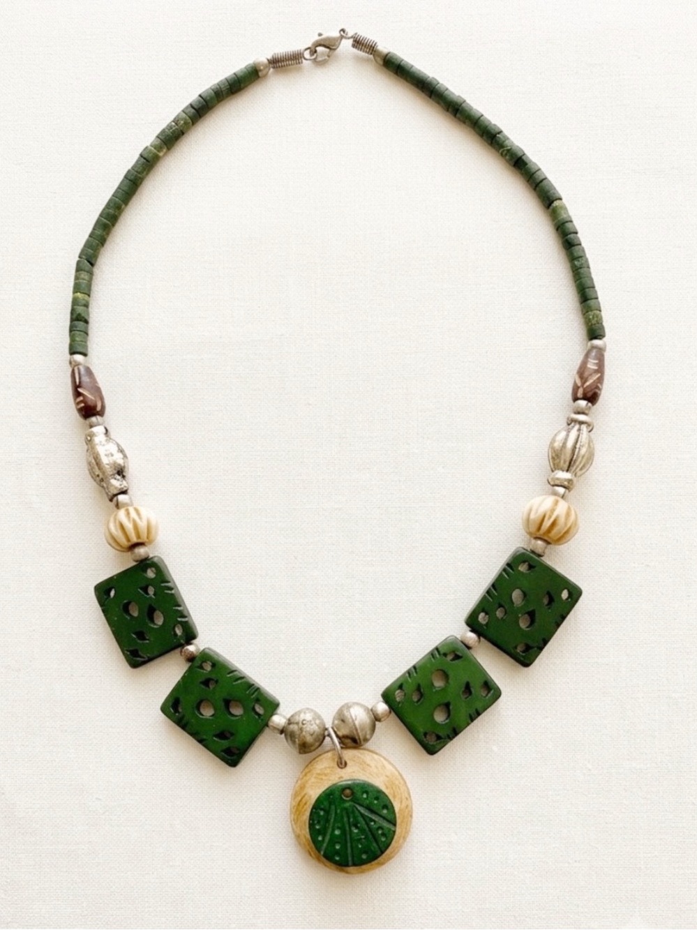 Boho Green & Natural Beaded Wood Statement Necklace